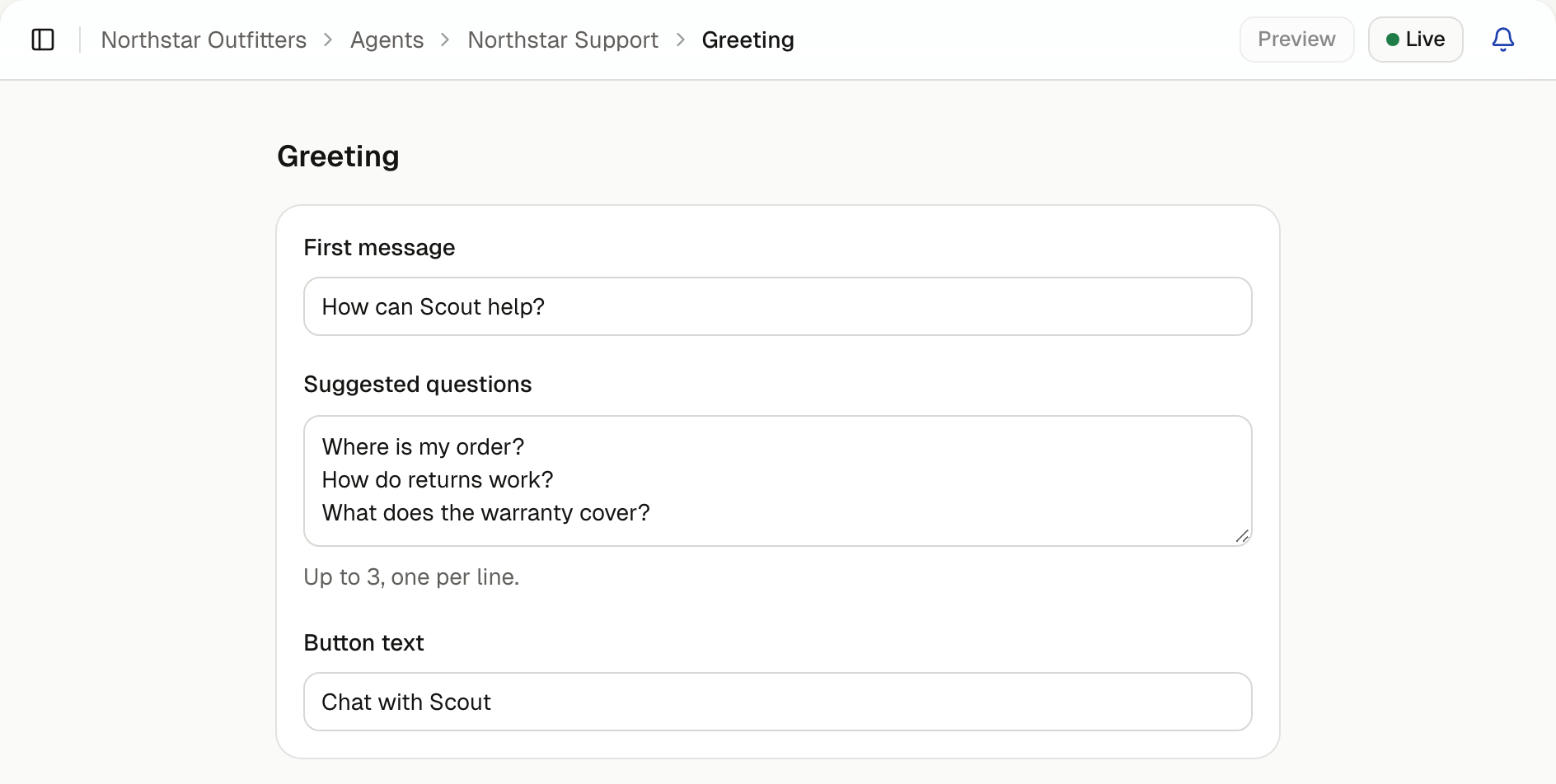 Greeting settings: First message, Suggested questions and Button text