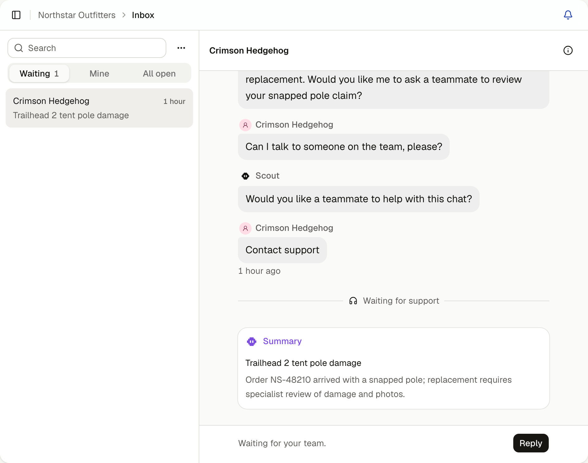A chat waiting in the inbox, with its summary and the Reply button