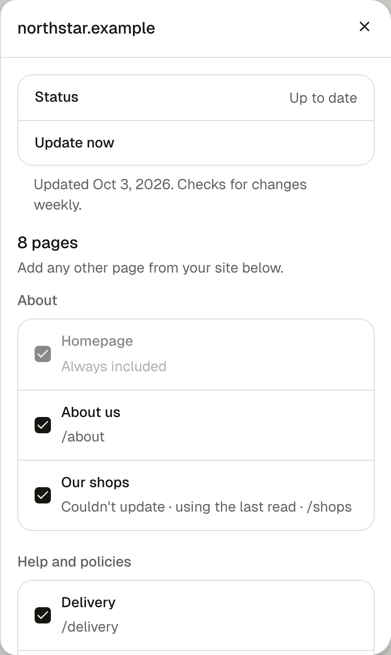 Manage Website, showing Status, Update now and each page's status
