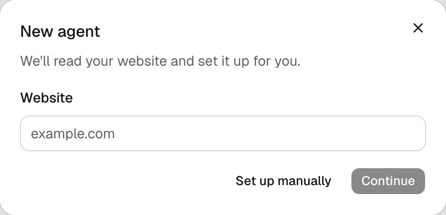 The New agent window, asking for your website