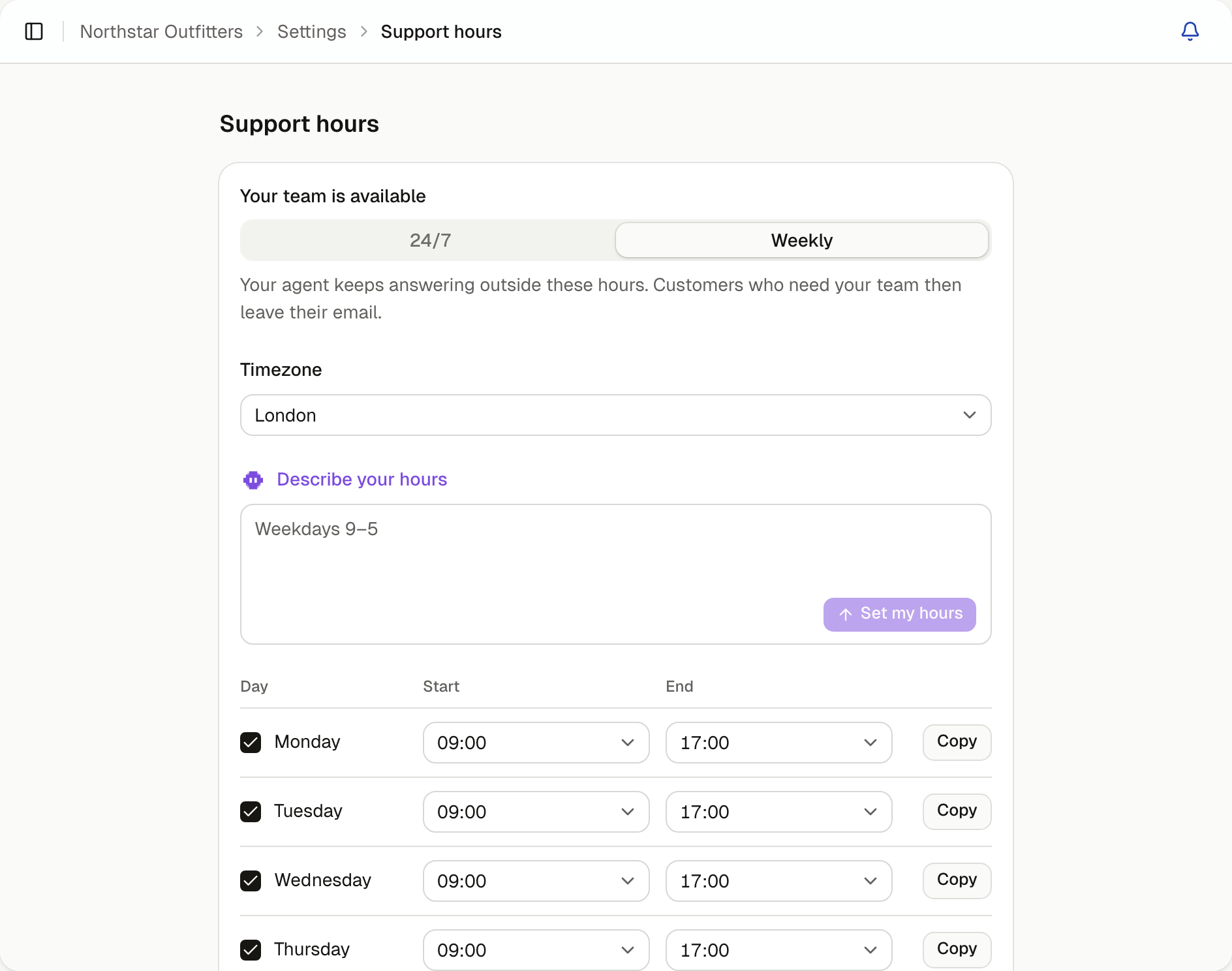 Weekly support hours, with Describe your hours and each day's Start, End and Copy