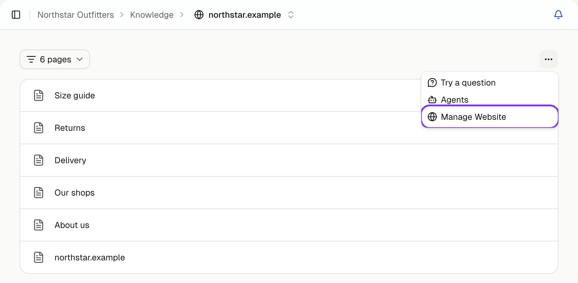 Website folder menu, with Manage Website marked by a purple ring
